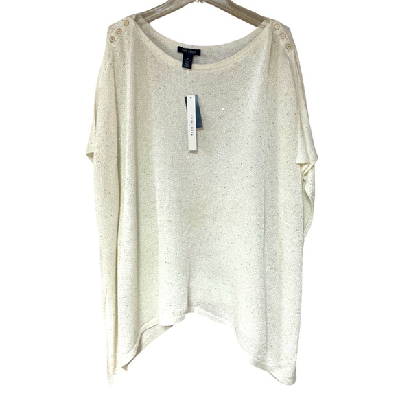White House Black Market Sweaters - NWT White House Black Market White Cotton Sequin Button Shoulder Poncho Sz XL